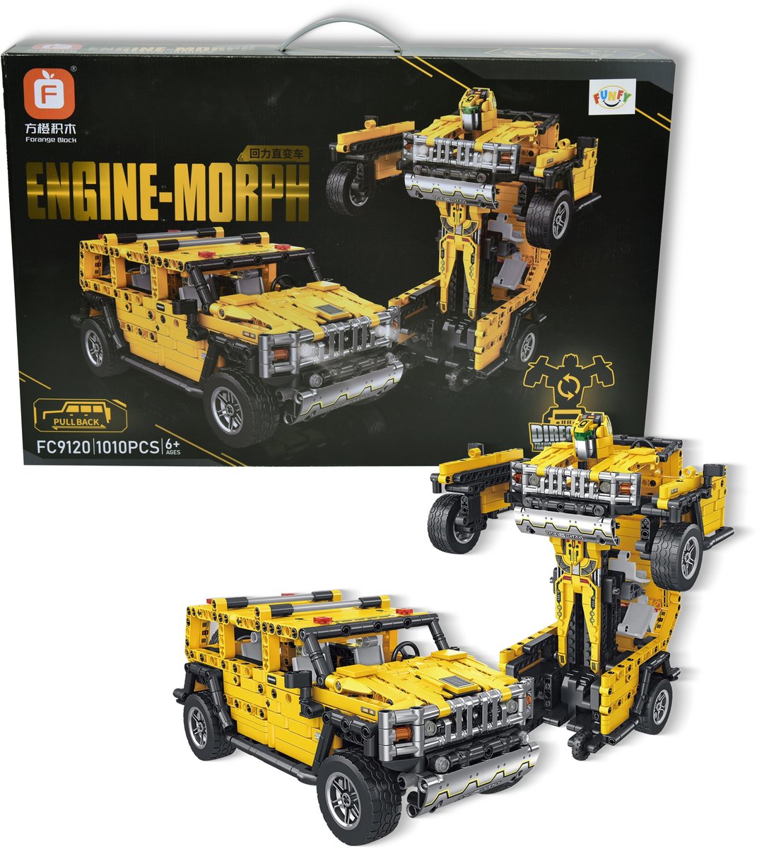 FUNFY 1010st 2-in-1 Auto & Transformer Bouwstenen Speelgoed | Gele Transformer Auto die Vervormt tot Actiefiguur | ABS Bouwstenen | Creatief Constructiespeelgoed | Cadeau voor Jongens & Kinderen | Verjaardag Speelgoed